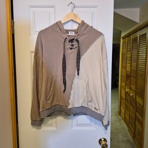 BKE Womens Lace Up Colorblock Hoodie Tan Beige Gray Fleece Sweatshirt Size M